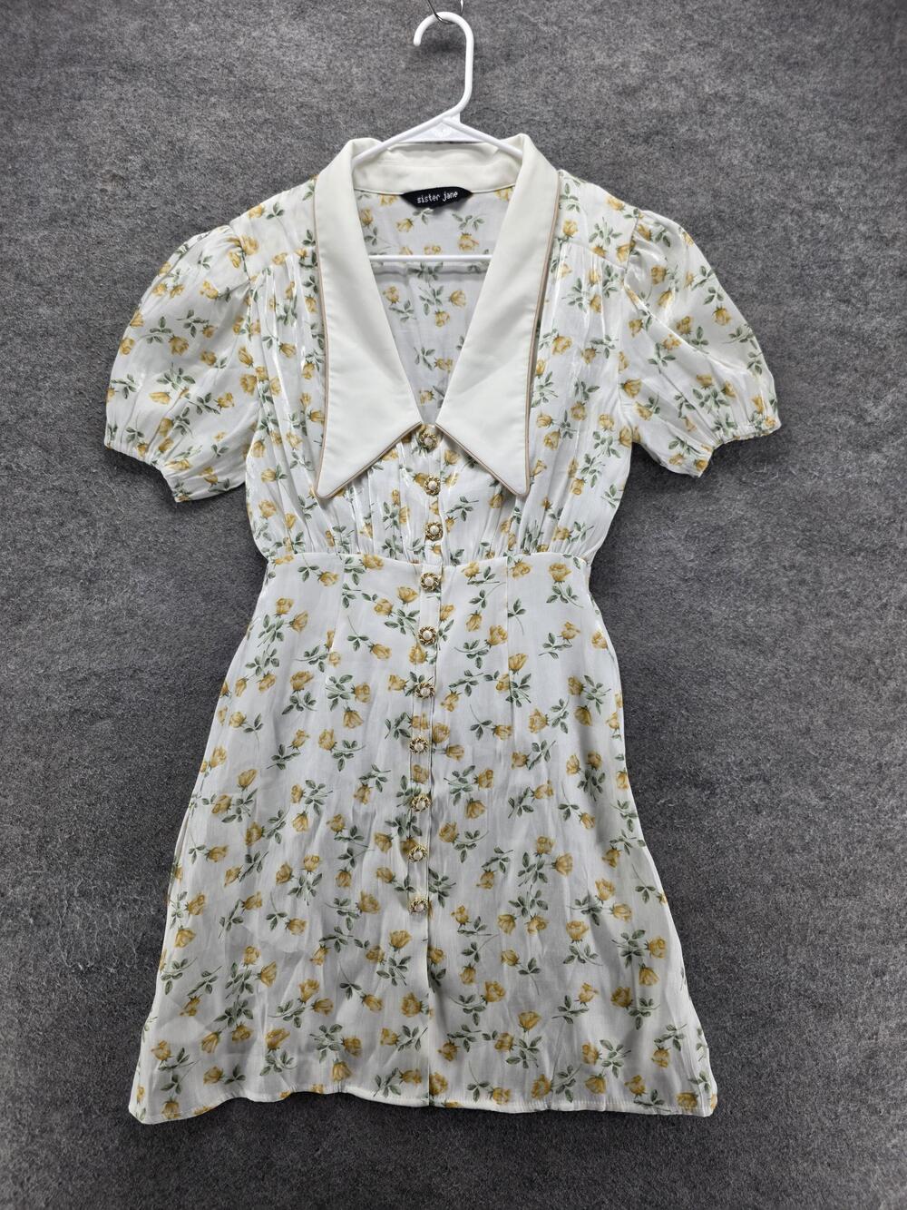 Sister Jane Dress Womens XS White Shirt Dress Floral Puff Sleeve Button Front